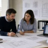 Ingegnere e architetto verificano il progetto per il deposito al Genio Civile