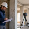 Ingegnere valuta il rischio sismico di un edificio con rilievi e modello strutturale