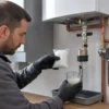 Tecnico ricarica il dosatore di polifosfati sulla fredda sanitaria della caldaia