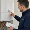 Tecnico controlla la pressione sul manometro della caldaia
