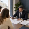 Notaio illustra a una coppia il preliminare di compravendita da trascrivere