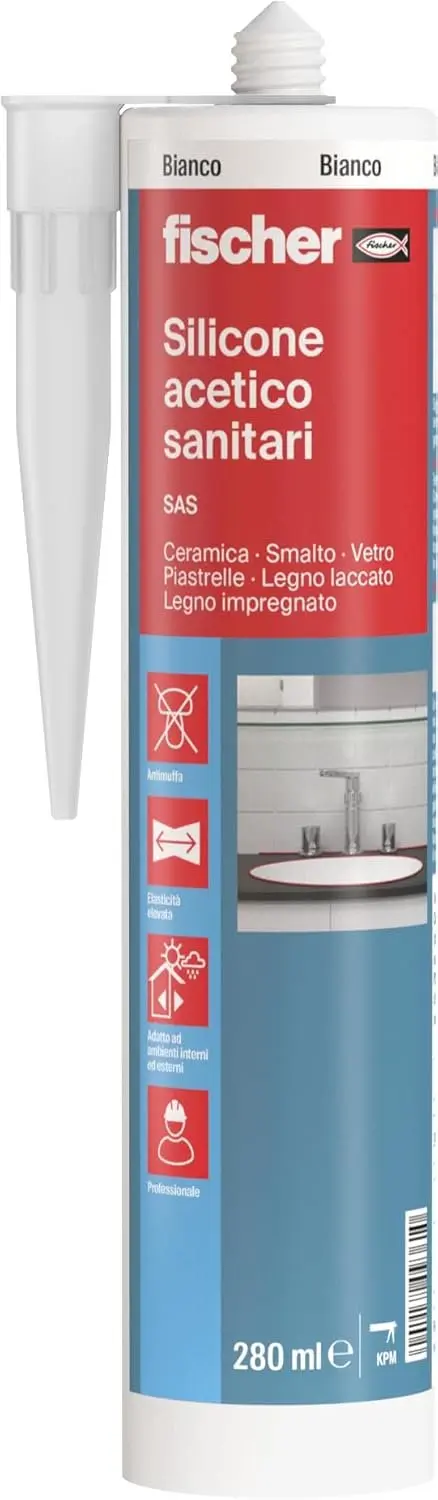 Fischer SAS Bianco, Silicone Sigillante Antimuffa interno/esterno a Base Acetica per Ambienti Sanitari