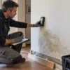 Tecnico misura una parete umida con un igrometro mentre annota i risultati del rilievo