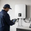 Tecnico controlla un inverter fotovoltaico con uno strumento diagnostico