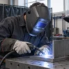 Saldatore con maschera autoscurante abbassata, guanti e aspirazione mentre lavora su un giunto metallico