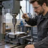 Tecnico fora una piastra in acciaio con punta HSS e trapano a colonna