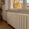 Illustrazione di un termosifone con valvola termostatica in un appartamento in autunno