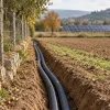 Scena illustrativa originale di condotti elettrici interrati al margine di un terreno, con pannelli fotovoltaici sullo sfondo: non rappresenta i luoghi della causa