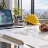 Scena illustrativa di un ufficio tecnico con elaborati di cantiere e analisi digitale su un computer