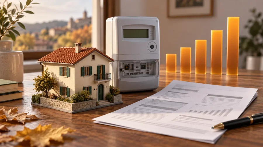 Illustrazione di una casa, contatore elettrico e bolletta sul tavolo